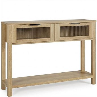 Wood Console Table with Glass Drawers, Slim Sofa Side Table with Storage Shelf for Living Room