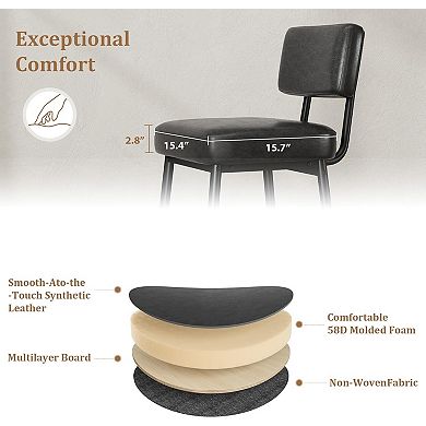 Modern Counter Height Bar Stools Set of 2, 26-Inch Faux Leather Upholstered Chairs with Backrest