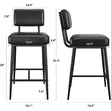 Modern Counter Height Bar Stools Set of 2, 26-Inch Faux Leather Upholstered Chairs with Backrest