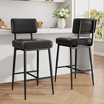 Modern Counter Height Bar Stools Set of 2, 26-Inch Faux Leather Upholstered Chairs with Backrest