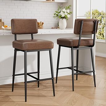 Modern Counter Height Bar Stools Set of 2, 26-Inch Faux Leather Upholstered Chairs with Backrest