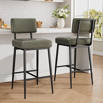 Modern Counter Height Bar Stools Set of 2, 26-Inch Faux Leather Upholstered Chairs with Backrest