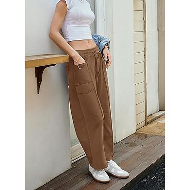 High Waisted Cargo Wide Leg Pants, Drawstring Pocketed Casual Trousers for Women