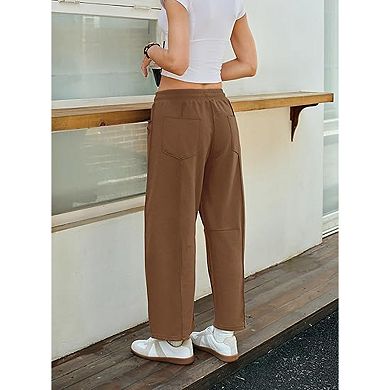 High Waisted Cargo Wide Leg Pants, Drawstring Pocketed Casual Trousers for Women