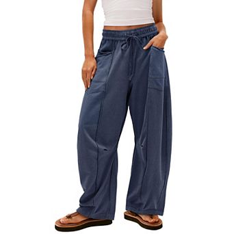 High Waisted Cargo Wide Leg Pants, Drawstring Pocketed Casual Trousers for Women