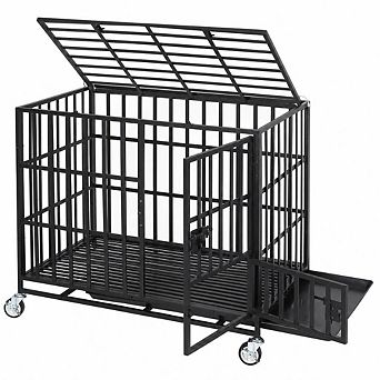 Heavy Duty Indestructible & Escape-Proof Dog Crate for Large Dogs with Removable Trays & Wheels