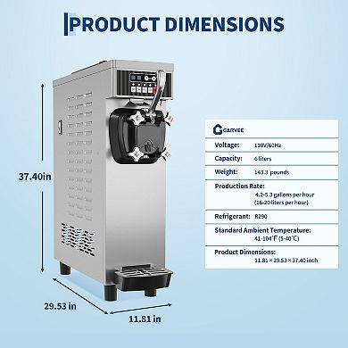 Commercial Soft Serve Ice Cream Machine - 21.2 QT/H Yield, 1500W Single-Flavor Countertop Maker