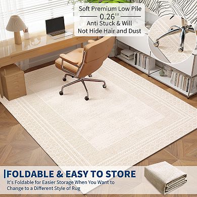 Bordered Machine Washable Area Rug Modern Geometric Soft Low Pile Non Slip Carpet for Living Room