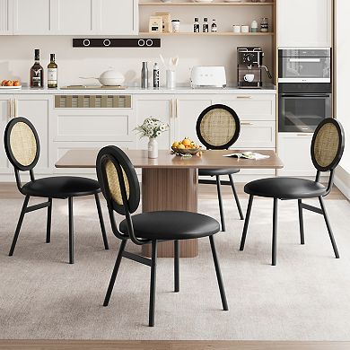 Modern Dining Chair Set Upholstered Thick Padded Seat, Natural Rattan Backrest, Sturdy Metal Legs