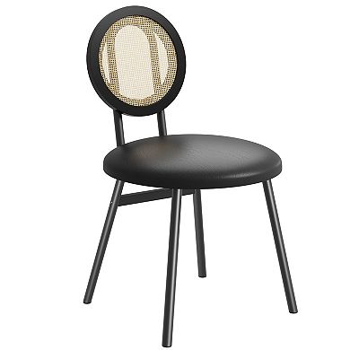 Modern Dining Chair Set Upholstered Thick Padded Seat, Natural Rattan Backrest, Sturdy Metal Legs