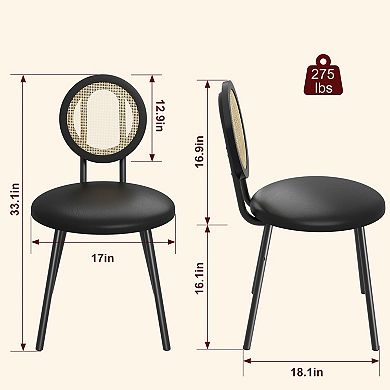 Modern Dining Chair Set Upholstered Thick Padded Seat, Natural Rattan Backrest, Sturdy Metal Legs