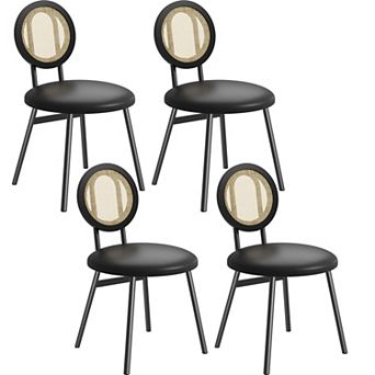 Modern Dining Chair Set Upholstered Thick Padded Seat, Natural Rattan Backrest, Sturdy Metal Legs