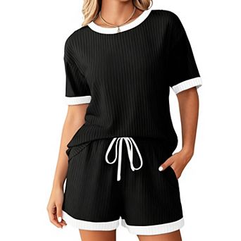 Women's Ribbed Knit Pajama Set Short Sleeve Top and Shorts Loungewear with Contrast Trim