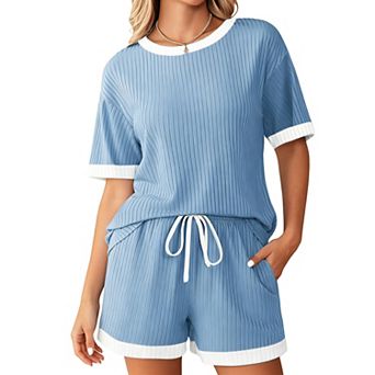 Women's Ribbed Knit Pajama Set Short Sleeve Top and Shorts Loungewear with Contrast Trim