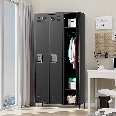 Premium 3-Door Steel Storage Locker Cabinet with Locks & Hooks for Mudroom & Garage