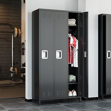 Premium 3-Door Steel Storage Locker Cabinet with Locks & Hooks for Mudroom & Garage