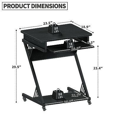 Z-Shaped Mobile Computer Desk, Smooth Tray, Wheels, Bottom Shelves, Compact Home Office Study