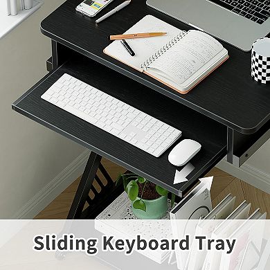 Z-Shaped Mobile Computer Desk, Smooth Tray, Wheels, Bottom Shelves, Compact Home Office Study