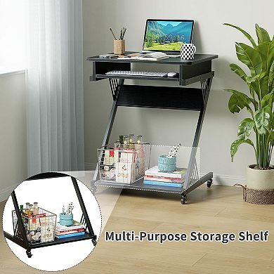 Z-Shaped Mobile Computer Desk, Smooth Tray, Wheels, Bottom Shelves, Compact Home Office Study