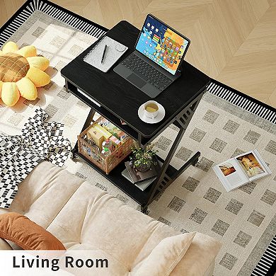 Z-Shaped Mobile Computer Desk, Smooth Tray, Wheels, Bottom Shelves, Compact Home Office Study