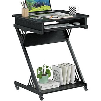 Z-Shaped Mobile Computer Desk, Smooth Tray, Wheels, Bottom Shelves, Compact Home Office Study