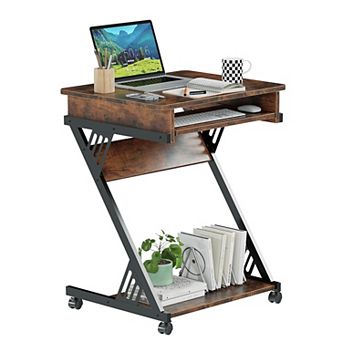 Z-Shaped Mobile Computer Desk, Smooth Tray, Wheels, Bottom Shelves, Compact Home Office Study