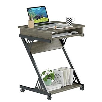 Z-Shaped Mobile Computer Desk, Smooth Tray, Wheels, Bottom Shelves, Compact Home Office Study
