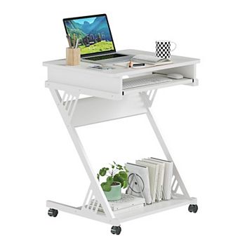 Z-Shaped Mobile Computer Desk, Smooth Tray, Wheels, Bottom Shelves, Compact Home Office Study