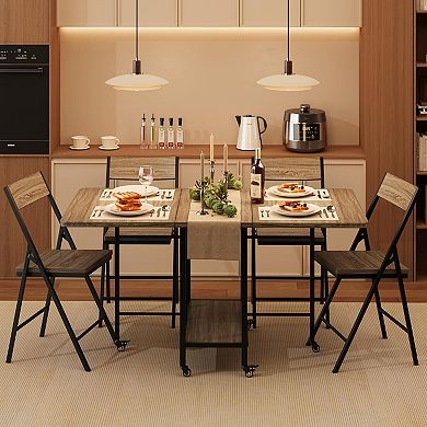 4-Person Foldable Dining Table Set, Rolling Swivel Wheels & 4 Matching Folding Chairs for Kitchen