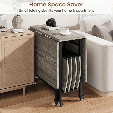 4-Person Foldable Dining Table Set, Rolling Swivel Wheels & 4 Matching Folding Chairs for Kitchen