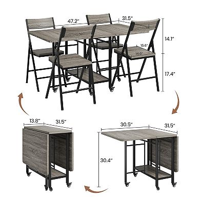 4-Person Foldable Dining Table Set, Rolling Swivel Wheels & 4 Matching Folding Chairs for Kitchen