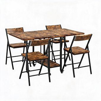 4-Person Foldable Dining Table Set, Rolling Swivel Wheels & 4 Matching Folding Chairs for Kitchen