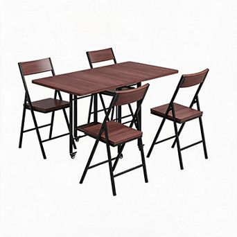 4-Person Foldable Dining Table Set, Rolling Swivel Wheels & 4 Matching Folding Chairs for Kitchen