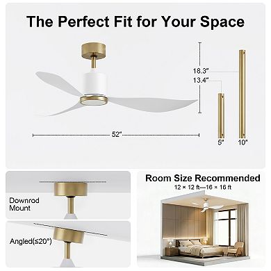 52 Inch Ceiling Fan with Light Remote Control Energy Efficient DC Motor 4CCT Dimmable by GRANDJOY