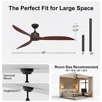 65 Inch Ceiling Fan No Light with Remote Solid Wood Blades Energy Efficient DC Motor by GRANDJOY