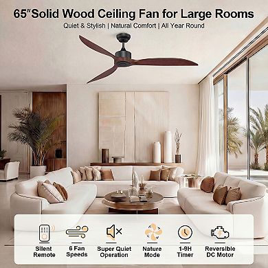 65 Inch Ceiling Fan No Light with Remote Solid Wood Blades Energy Efficient DC Motor by GRANDJOY