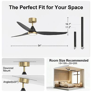 54 Inch Ceiling Fan with Light and Remote Energy Efficient Quiet DC Motor 3CCT Dimmable by GRANDJOY