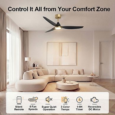 54 Inch Ceiling Fan with Light and Remote Energy Efficient Quiet DC Motor 3CCT Dimmable by GRANDJOY