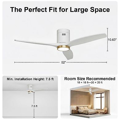 52 Inch Indoor Ceiling Fan with Light Flush Mount Remote and Wall Control by GRANDJOY