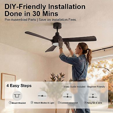 52 Inch Indoor DC Ceiling Fan with Light and Remote Dimmable LED 6 Speed Reversible by GRANDJOY