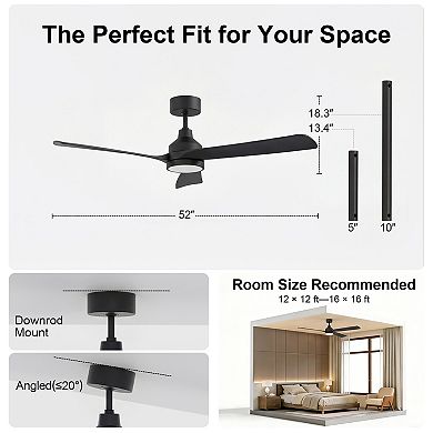 52 Inch Indoor DC Ceiling Fan with Light and Remote Dimmable LED 6 Speed Reversible by GRANDJOY