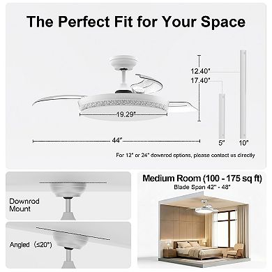 44 Inch Indoor Ceiling Fan with Light and Foldable Blades Remote Control by GRANDJOY
