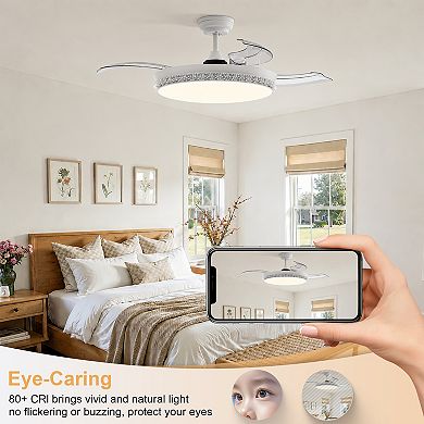 44 Inch Indoor Ceiling Fan with Light and Foldable Blades Remote Control by GRANDJOY
