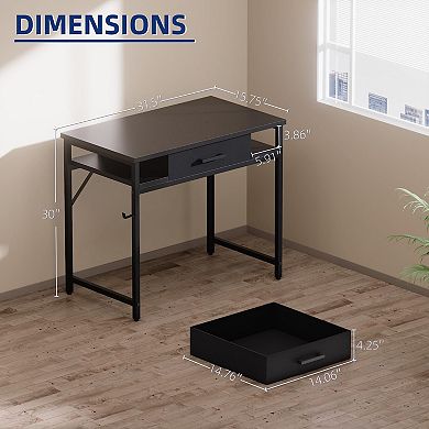 Small Computer Desk with Drawer Shelves Hook Compact Study Work Table for Bedroom Home Office