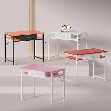 Small Computer Desk with Drawer Shelves Hook Compact Study Work Table for Bedroom Home Office