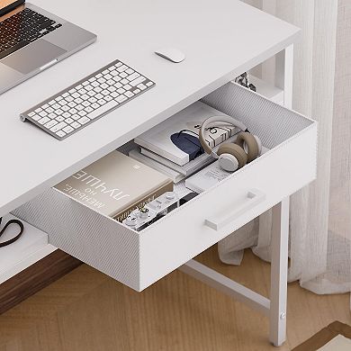 Small Computer Desk with Drawer Shelves Hook Compact Study Work Table for Bedroom Home Office