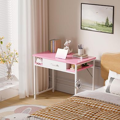 Small Computer Desk with Drawer Shelves Hook Compact Study Work Table for Bedroom Home Office