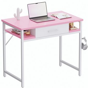 Small Computer Desk with Drawer Shelves Hook Compact Study Work Table for Bedroom Home Office