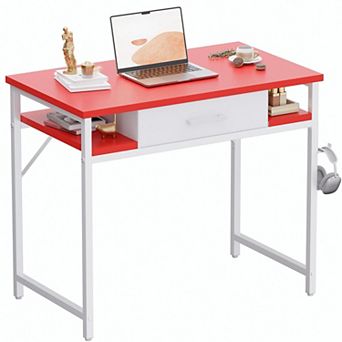 Small Computer Desk with Drawer Shelves Hook Compact Study Work Table for Bedroom Home Office