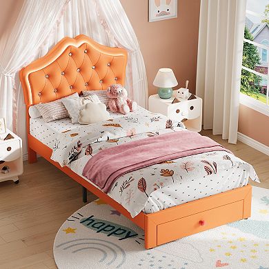 Upholstered LED Bed Frame Princess Platform Bed with Storage Drawer, Velvet Crystal Button Headboard